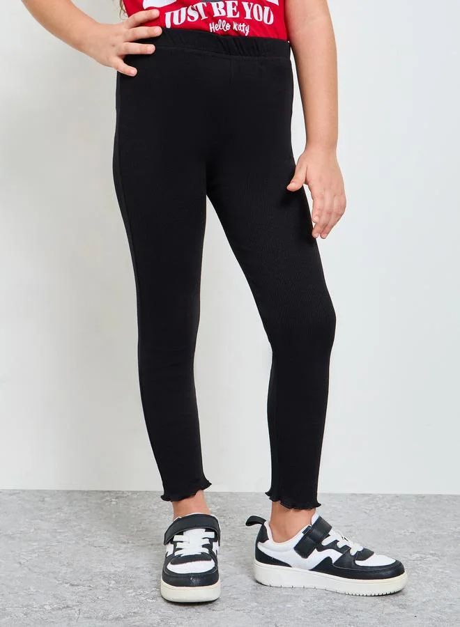 Styli Girls Black Lettuce Hem Ribbed Leggings