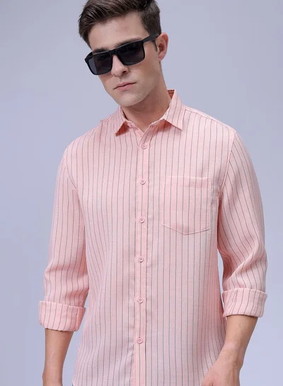 The Indian Garage Co Men Slim Fit Striped Full Sleeves Cutaway Collar Casual Shirt