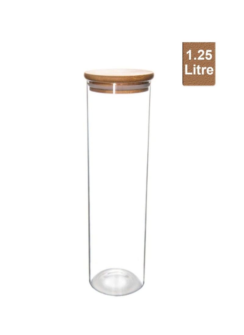 Homesmiths Honey Bee 1.25 Liter Multipurpose Airtight Tall Round Glass with Bamboo Lid For Kitchen & Pantry  - Image 1