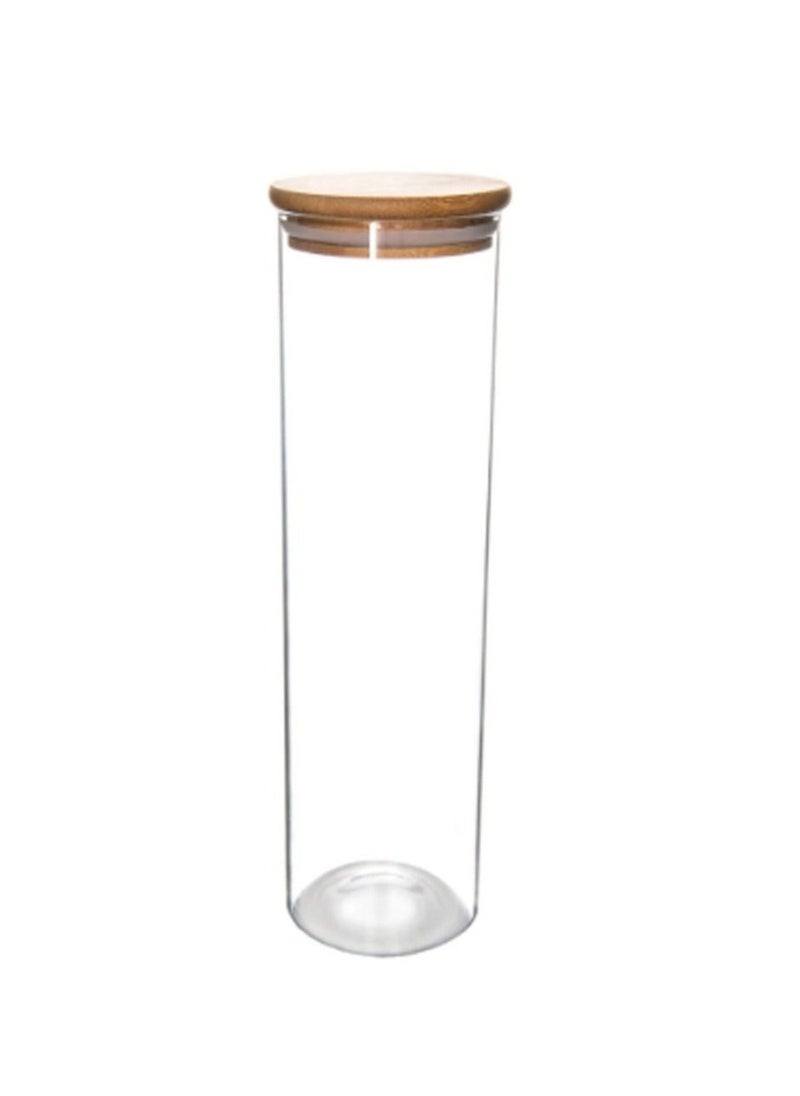 Homesmiths Honey Bee 1.25 Liter Multipurpose Airtight Tall Round Glass with Bamboo Lid For Kitchen & Pantry  - Image 2