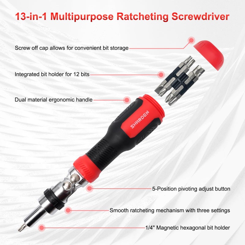 Sharden Ratcheting Screwdriver 13-In-1 Multibit Screwdriver All In One Screwdriver Set With Phillips  Flat Head  Torx Security  Hex  Robertson  180 Degree Pivoting Adjustable Angled Screw Driver Set - Image 5