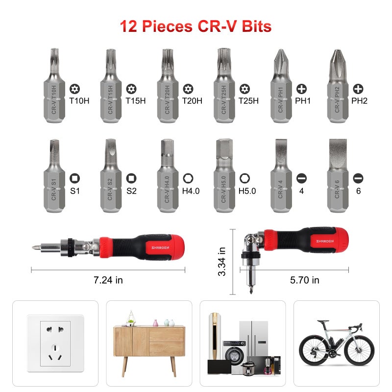 Sharden Ratcheting Screwdriver 13-In-1 Multibit Screwdriver All In One Screwdriver Set With Phillips  Flat Head  Torx Security  Hex  Robertson  180 Degree Pivoting Adjustable Angled Screw Driver Set - Image 2