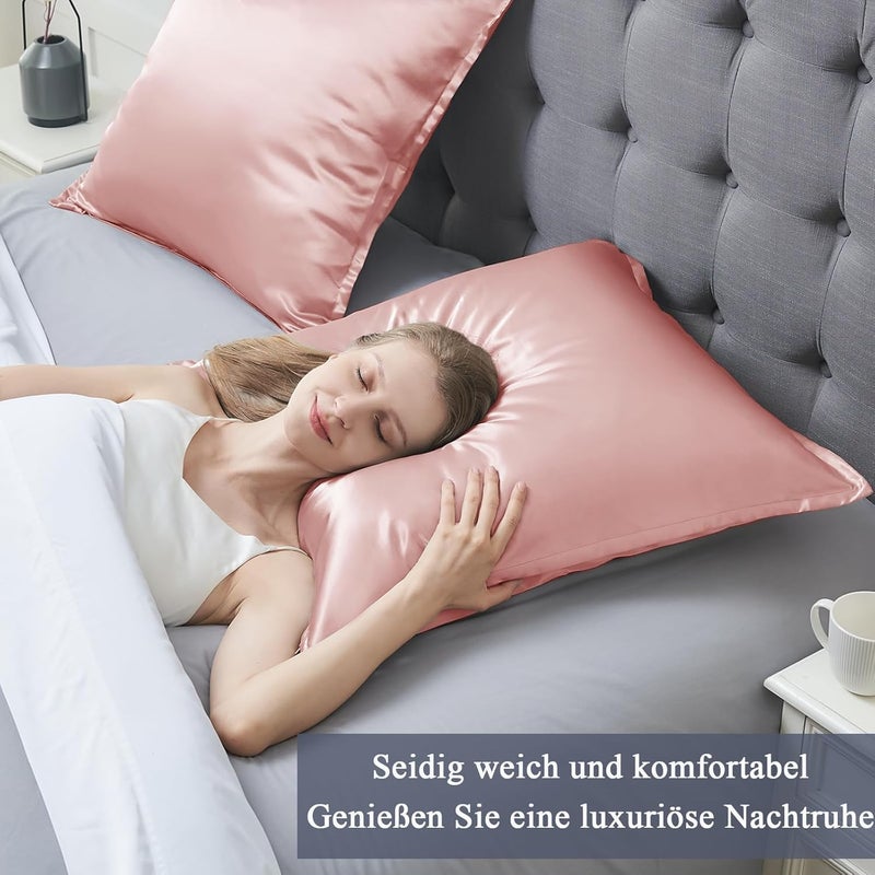 Vielit Set of 2 Satin Cushion Covers 65 x 65 cm with Zip, Soft Like a Silk Pillowcase, Like Silk Pillowcase Suitable for Curly Hair, Satin Pillowcase Pillowcases Peach Pink Cushion Cover - Image 2