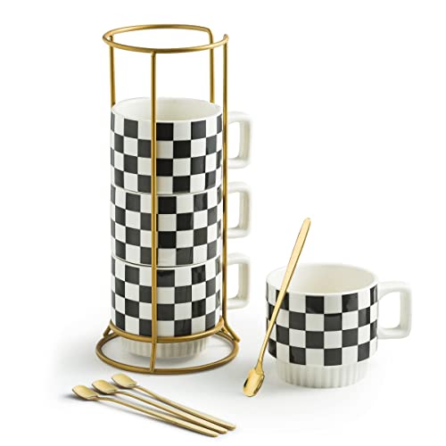 Miamolo Stackable Coffee Mug Set of 4 with Rack 11 oz Tea Cup Set with Little Spoon for Coffee Tea Cocoa Milk, Checkered Black and White Pattern Coffee Mug for Housewarming Gift - Image 1