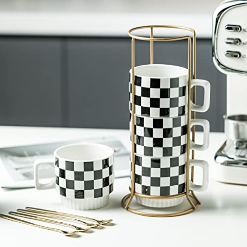 Miamolo Stackable Coffee Mug Set of 4 with Rack 11 oz Tea Cup Set with Little Spoon for Coffee Tea Cocoa Milk, Checkered Black and White Pattern Coffee Mug for Housewarming Gift - Image 4