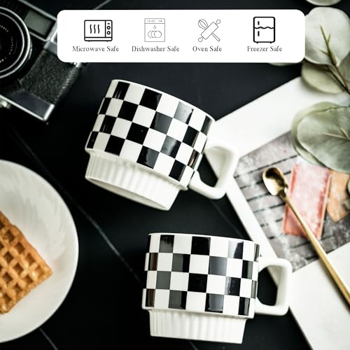 Miamolo Stackable Coffee Mug Set of 4 with Rack 11 oz Tea Cup Set with Little Spoon for Coffee Tea Cocoa Milk, Checkered Black and White Pattern Coffee Mug for Housewarming Gift - Image 5