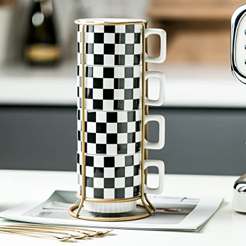 Miamolo Stackable Coffee Mug Set of 4 with Rack 11 oz Tea Cup Set with Little Spoon for Coffee Tea Cocoa Milk, Checkered Black and White Pattern Coffee Mug for Housewarming Gift - Image 3