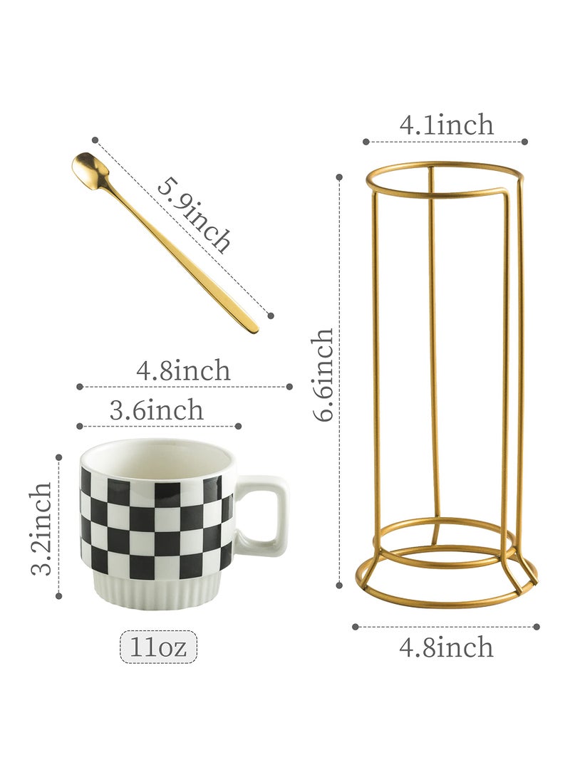 Miamolo Stackable Coffee Mug Set of 4 with Rack 11 oz Tea Cup Set with Little Spoon for Coffee Tea Cocoa Milk, Checkered Black and White Pattern Coffee Mug for Housewarming Gift - Image 2