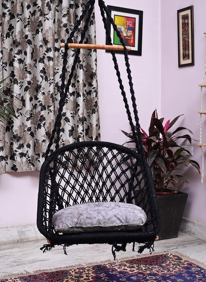 Patiofy Swing For AdultsJhula For AdultsSwing For Living RoomSwing For BalconySwing For HomeLarge Cotton D Shape Hammock Hanging Swing With Silver Cushion Attached Wooden Bar Black