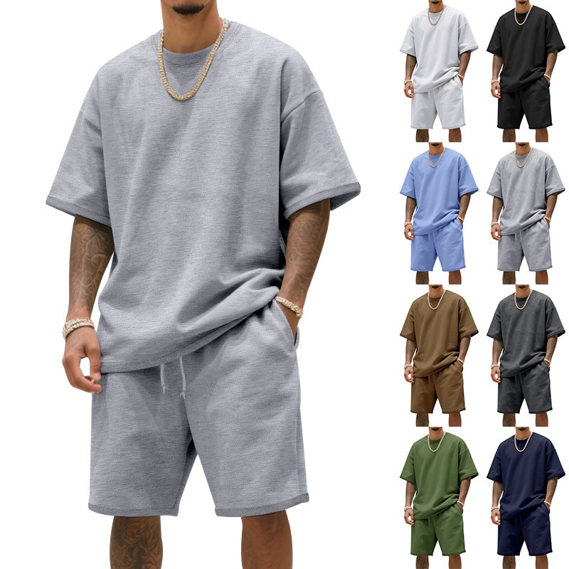 and Men''s Summer Loose Heavy Loose Trap High Street Fashion Hip Hop Sports Short Sleeve Shorts suit - Image 2