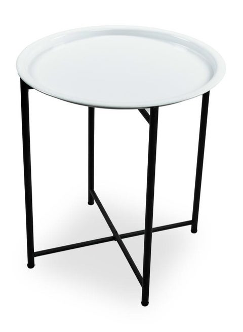 FOLDABLE METAL TABLE CONSISTS OF ROUND TRAY AND BLACK STAND FOR THE LIVING ROOM (DIAMETER 46CM, HEIGHT 51CM) WHITE COLOR