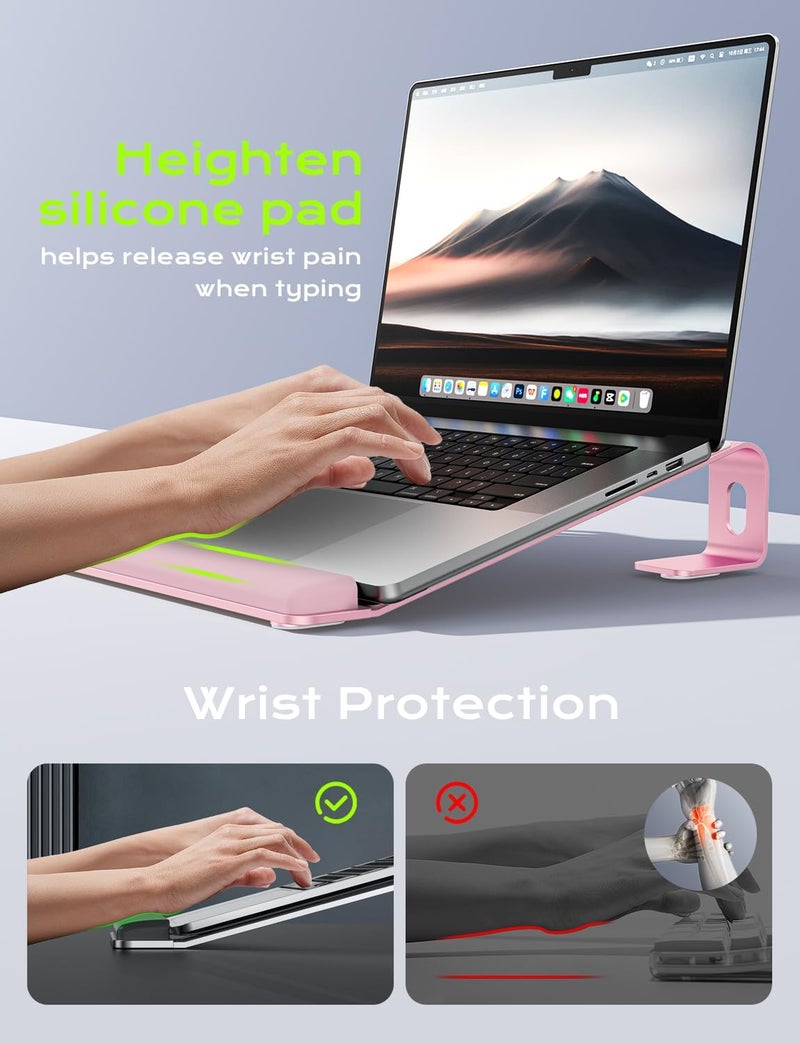 JCZT Laptop Stand for Desk, Aluminum Computer Riser with Wrist Rest Pad, Detachable Laptop Mount, Heavy Stable Laptops Holder for MacBook Air Pro, Dell, HP, 10 to 17 Inches Notebooks (Pink) - Image 2