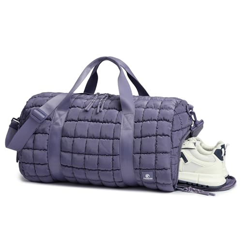 FODOKO Quilted Duffel Bag for Women, Puffer Gym Duffle Bag with Shoe Compartment Lightweight Large Crossbody Sport Bag Travel Tote Mistviolet - Image 1