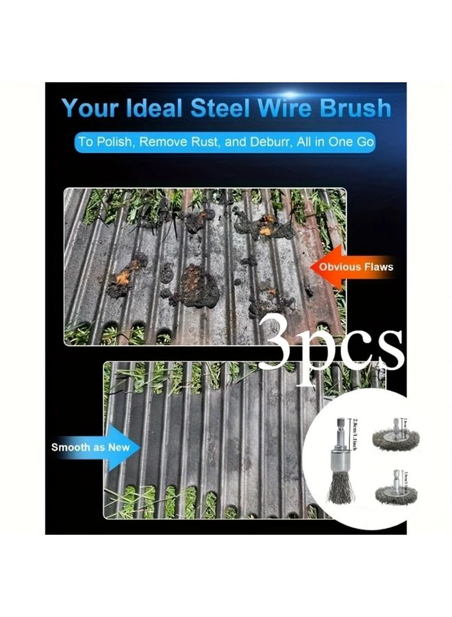 3 Pack Carbon Steel Wire Brush Set Rust Removal Wear Resistant Hex Shank - Image 1