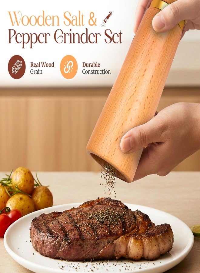 Besti Wooden Salt and Pepper Grinder Set with Tray - 7-inch Manual Grinders for Himalayan Salt, Pepper, Chili, Seasonings - Reusable Pepper & Salt Mill - Elegant Kitchen & Dining Table Gift - Beech - Image 2