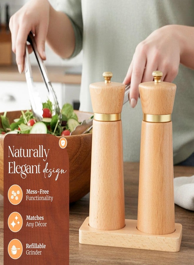 Besti Wooden Salt and Pepper Grinder Set with Tray - 7-inch Manual Grinders for Himalayan Salt, Pepper, Chili, Seasonings - Reusable Pepper & Salt Mill - Elegant Kitchen & Dining Table Gift - Beech - Image 4