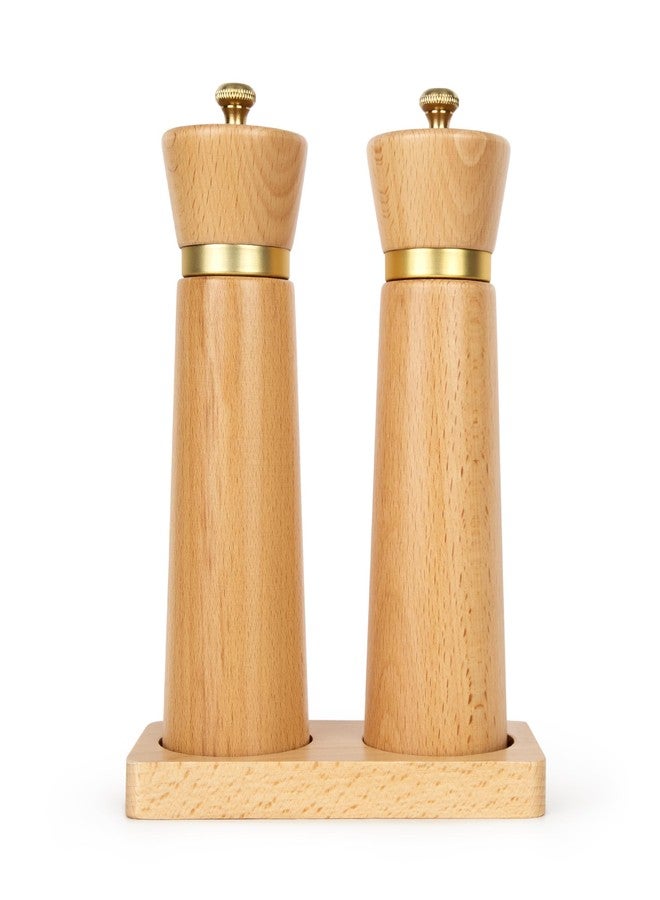 Besti Wooden Salt and Pepper Grinder Set with Tray - 7-inch Manual Grinders for Himalayan Salt, Pepper, Chili, Seasonings - Reusable Pepper & Salt Mill - Elegant Kitchen & Dining Table Gift - Beech - Image 1