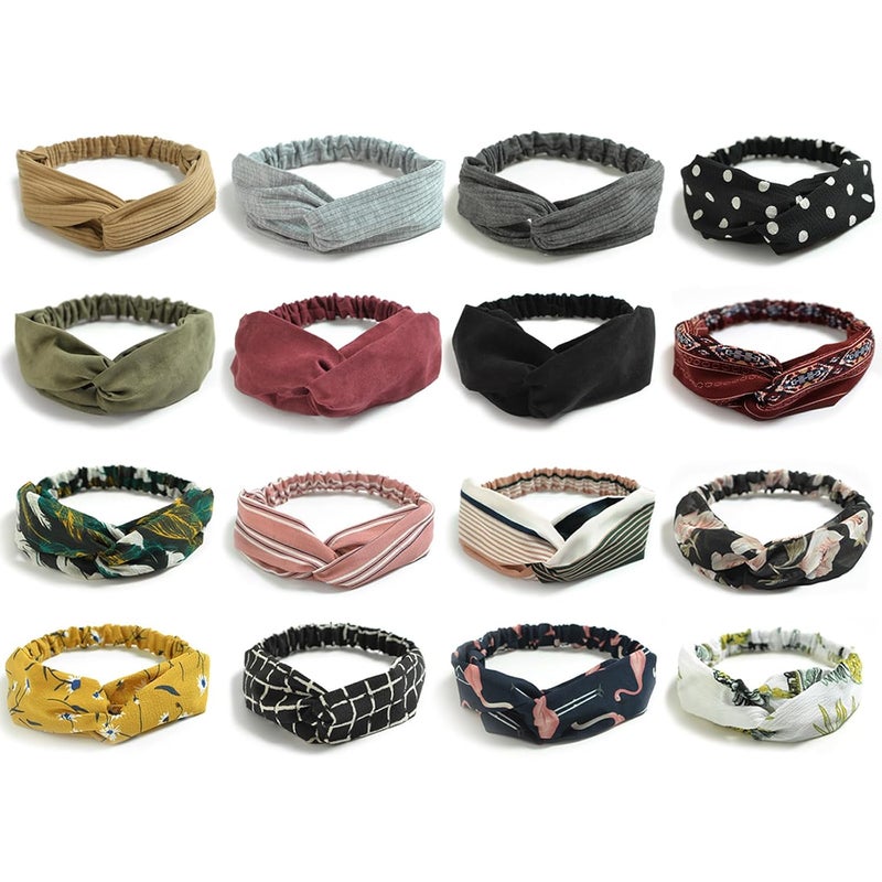 DRESHOW 16 Pack Turban Headbands for Women Elastic Back Twisted Hair Bands Face Vintage Cross Head Wrap Hair Accessories
