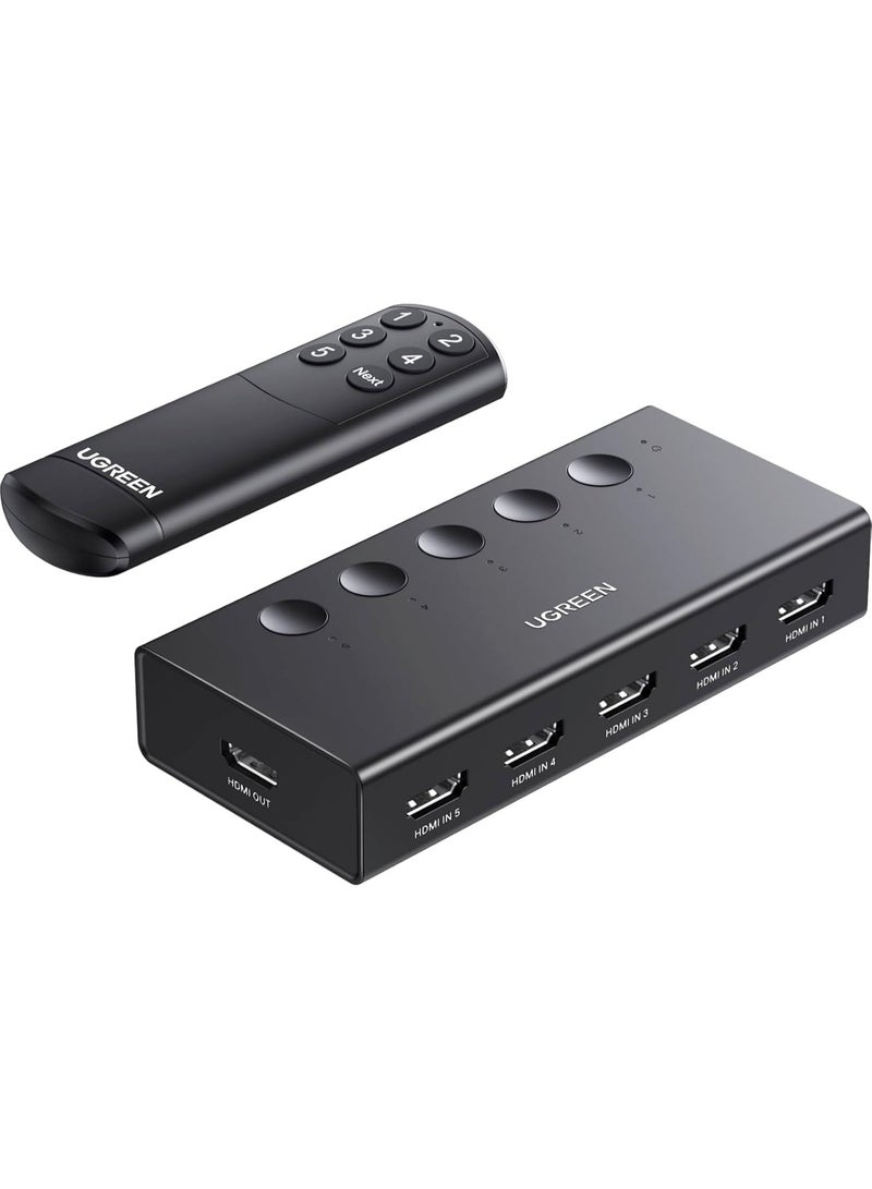 هاب UGREEN HDMI Switch 5 in 1 Out 4K@60Hz, HDMI Splitter with Remote 5 Port Switcher Selector Box Support 3D CEC HDR HDCP2.2 Compatible with PS5/4/3 Xbox Nintendo Switch Roku TV Fire Stick Black 90512 - Image 1
