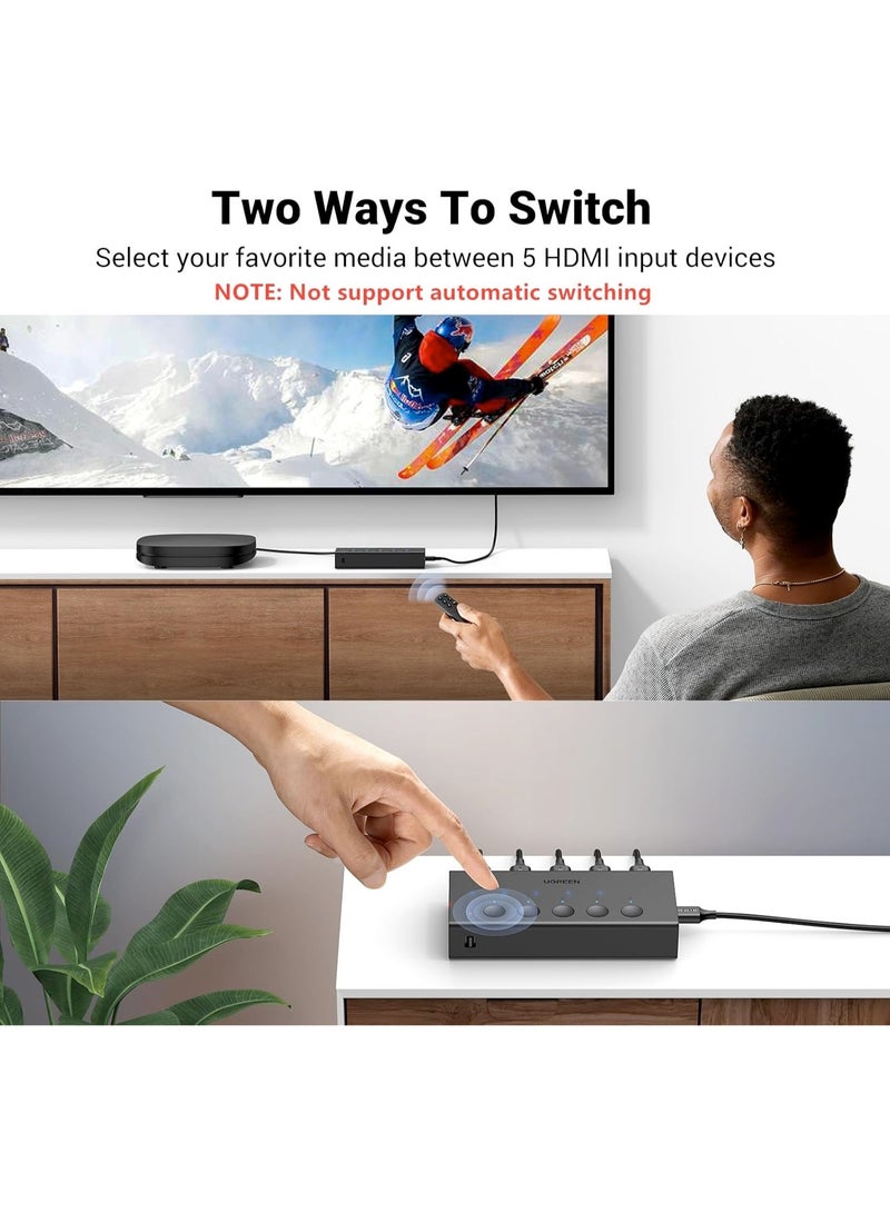 هاب UGREEN HDMI Switch 5 in 1 Out 4K@60Hz, HDMI Splitter with Remote 5 Port Switcher Selector Box Support 3D CEC HDR HDCP2.2 Compatible with PS5/4/3 Xbox Nintendo Switch Roku TV Fire Stick Black 90512 - Image 5