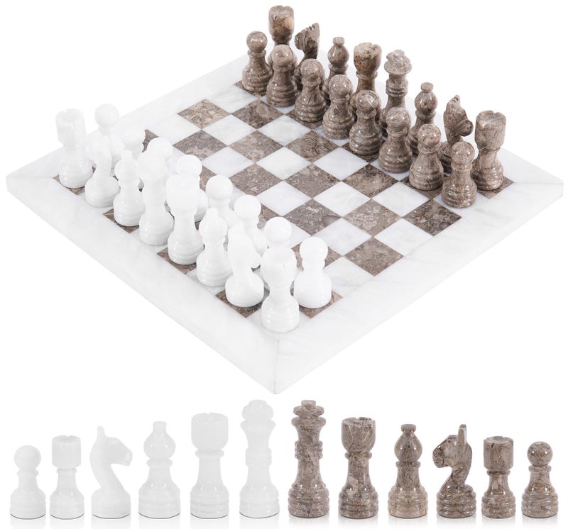Radicaln Marble Chess Set 12 Inches White and Grey Oceanic Handmade Luxury Board Game for Adults Classic Stone Chess Board Pieces Premium Game Night Gift for Home Decor - Image 2
