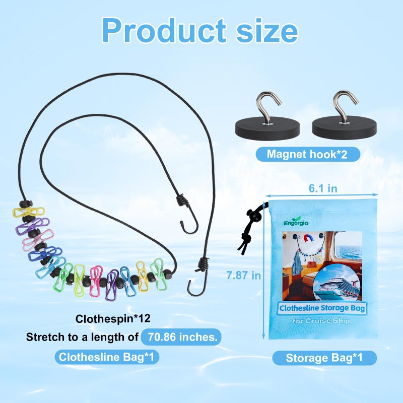 Engorgio Magnetic Clothesline for Cruise Ship Cabin Approved - Portable Travel Clothes Line,Strong Rubber Coated Non-Scratch Magnets,Travel Clothesline for Cruise Ship Essentials(Updated Stronger Magnets) - Image 2