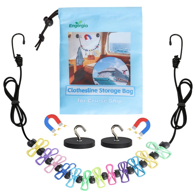 Engorgio Magnetic Clothesline for Cruise Ship Cabin Approved - Portable Travel Clothes Line,Strong Rubber Coated Non-Scratch Magnets,Travel Clothesline for Cruise Ship Essentials(Updated Stronger Magnets) - Image 1