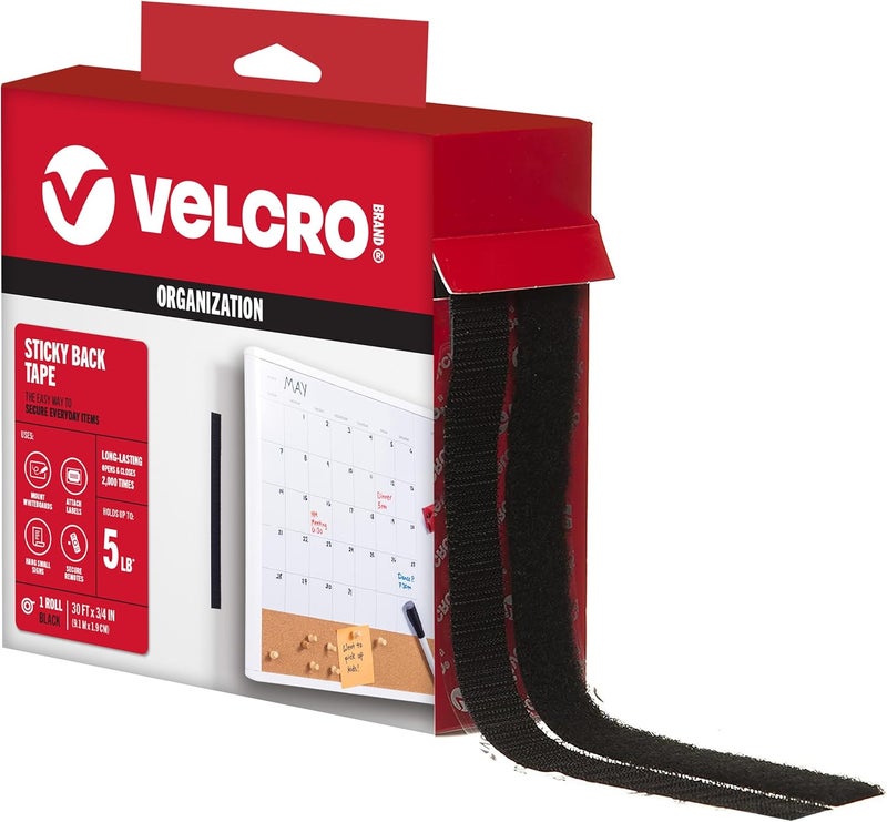 Velcro Brand – 30 ft Sticky Back Hook and Loop Fasteners – Peel and Stick Permanent Adhesive Tape Keeps Classrooms, Home, and Offices Organized – Cut-to-Length Roll | 3/4 in Wide | Black, (91137) - Image 1