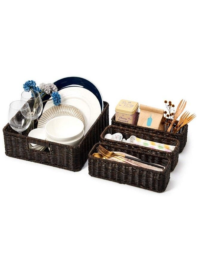 EZOWare Set Of 4 Decorative Woven Storage Tray Bins Resin Wicker Tray Drawer Organizer Basket Containers For Baby Nursery Room 2 Sizes Dark Brown  - Image 5