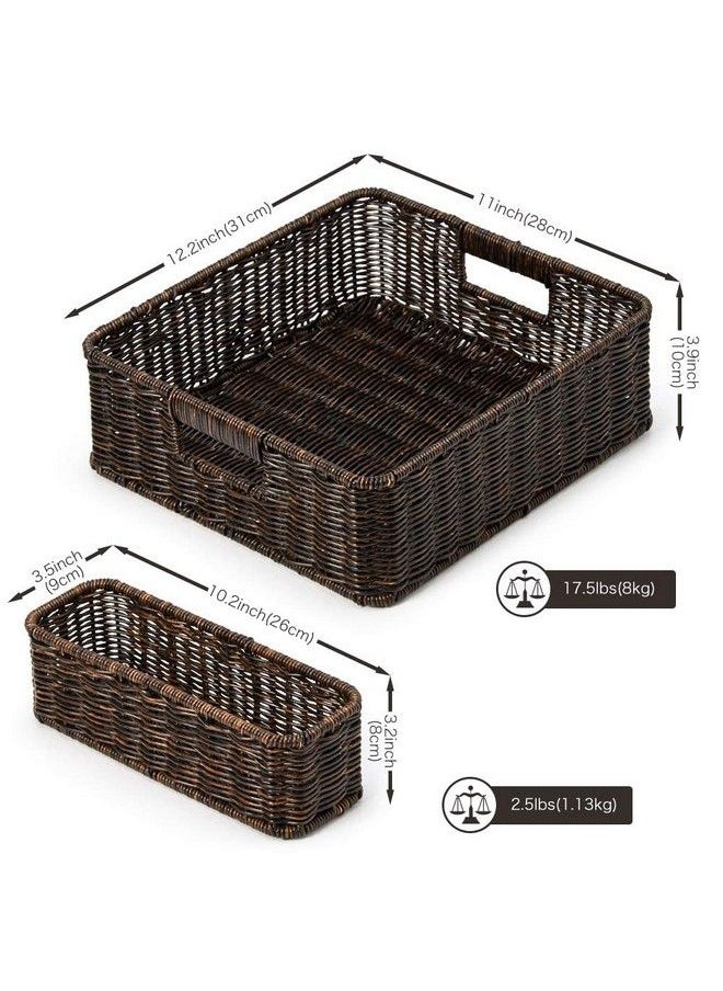 EZOWare Set Of 4 Decorative Woven Storage Tray Bins Resin Wicker Tray Drawer Organizer Basket Containers For Baby Nursery Room 2 Sizes Dark Brown  - Image 3
