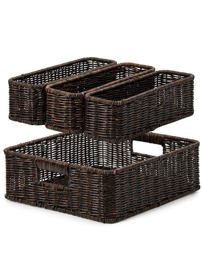 EZOWare Set Of 4 Decorative Woven Storage Tray Bins Resin Wicker Tray Drawer Organizer Basket Containers For Baby Nursery Room 2 Sizes Dark Brown  - Image 2