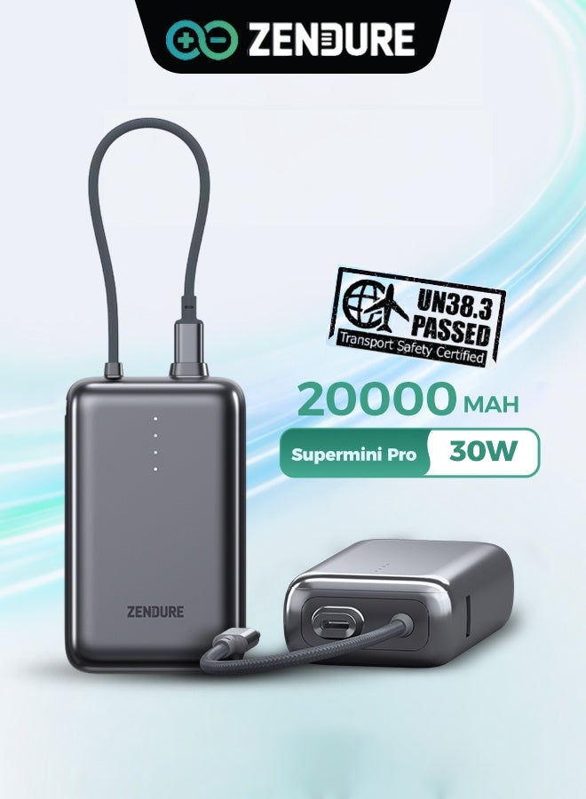 ZENDURE 20000 mAh 20000mAh SuperMini Pro Power Bank | 30W Portable Charger | Built-in Durable Cable | Fast Charging for iPhone & Android | Compact Travel Charger Grey - Image 1