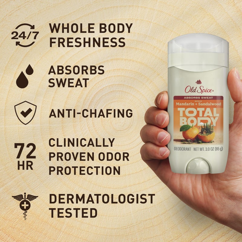 Old Spice مزيل عرق أولد سبايس للجسم بالكامل للرجال، خالي من الألمنيوم، برائحة اليوسفي + خشب الصندل، حماية من الروائح على مدار 24/7، انتعاش على مدار 24/7، مختبر من قبل أطباء الجلد، لطيف على البشرة، آمن للاستخدام في جميع الأنحاء، 3.0 أونصة - Image 3
