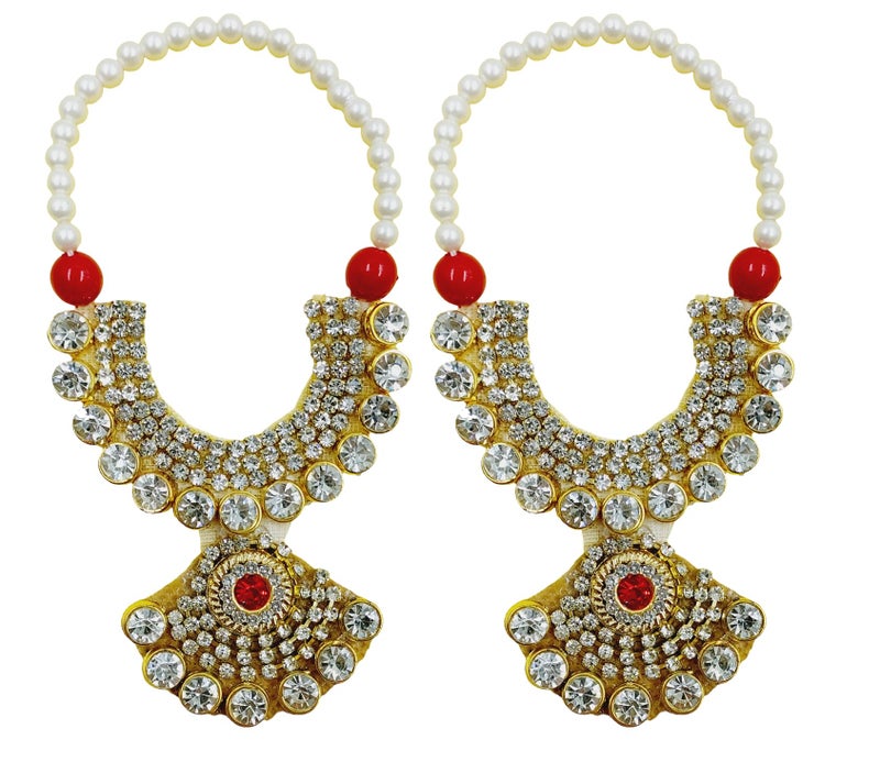 ARTISKRITI Small Golden Kundan Jarkan Mala for God Idol, Garland Haar for God Murti Idols, Small Mala for Statue, Figurines, Set of 2 (Golden Kundan) - Image 1