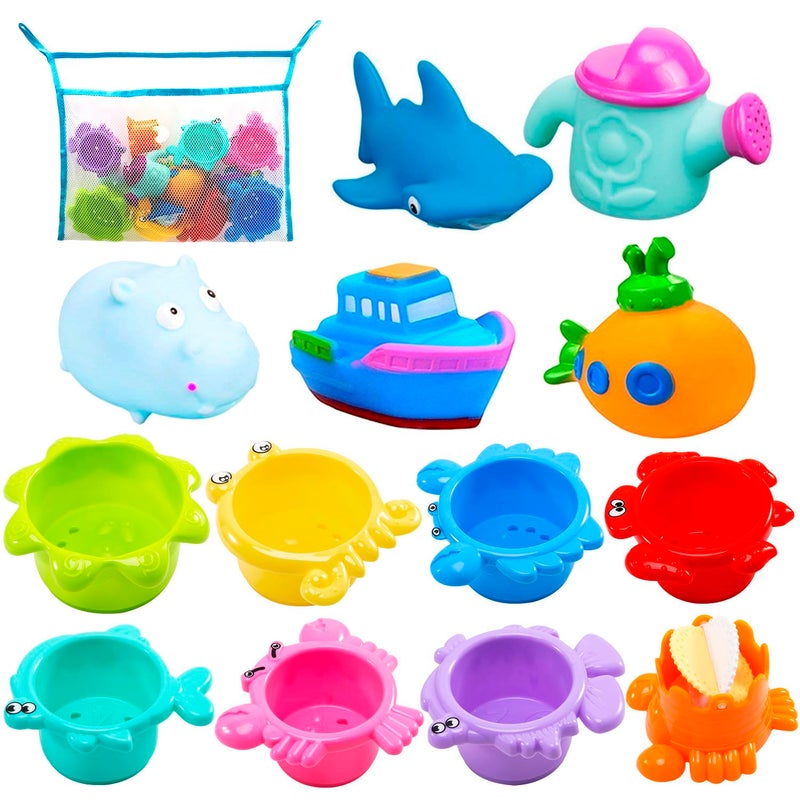INNOCHEER Baby Bath Toys for Toddlers, Water Table Toys with Mold Free Stacking Cups, Quick Dry Organizer Net, 13 Pcs Bathtub Game, Beach and Pool Party - Image 1