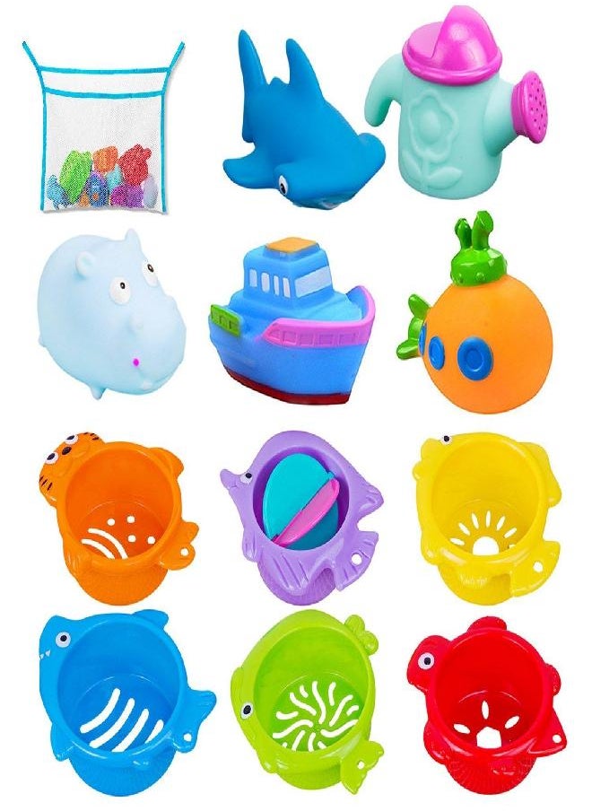 INNOCHEER INNOCHEER Baby Bath Toys and Stacking Cups for Toddlers with Quick Dry Organizer Net-13 Pcs Early Educational Toy for Bathtub Game, Beach and Pool Party  - Image 3