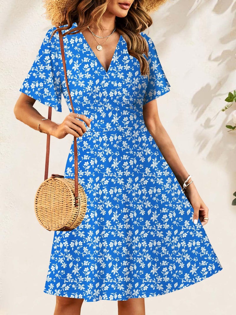 FENSACE Bridal Shower Dresses for Guest Summer Slimming Aline Skater Knee Length Womens Dress(Blue White Floral-91,X-Large) - Image 3