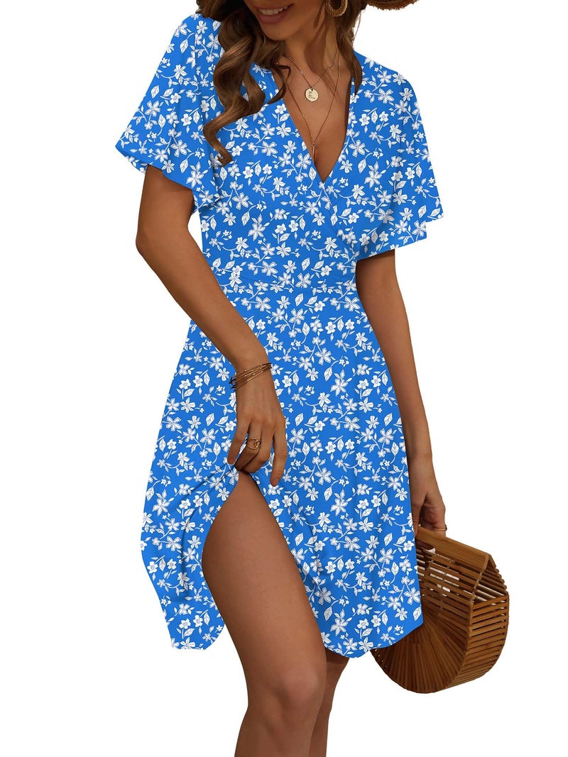 FENSACE Bridal Shower Dresses for Guest Summer Slimming Aline Skater Knee Length Womens Dress(Blue White Floral-91,X-Large) - Image 1