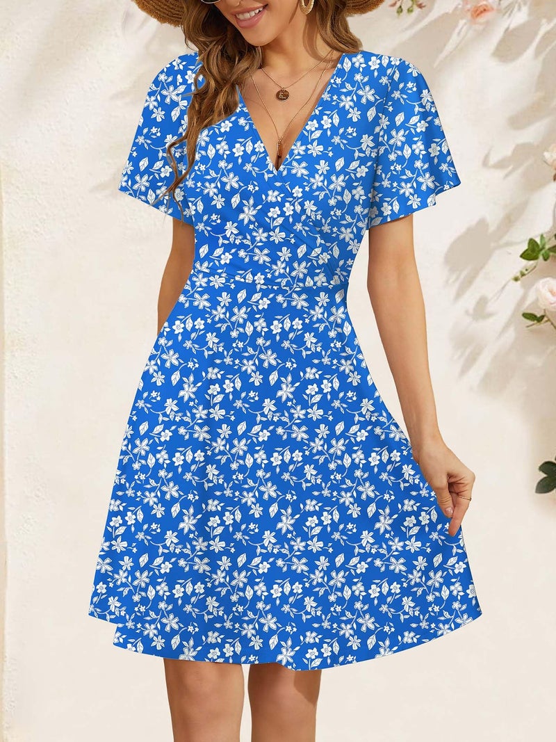 FENSACE Bridal Shower Dresses for Guest Summer Slimming Aline Skater Knee Length Womens Dress(Blue White Floral-91,X-Large) - Image 5