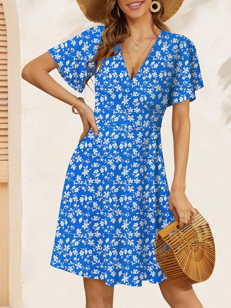 FENSACE Bridal Shower Dresses for Guest Summer Slimming Aline Skater Knee Length Womens Dress(Blue White Floral-91,X-Large) - Image 4