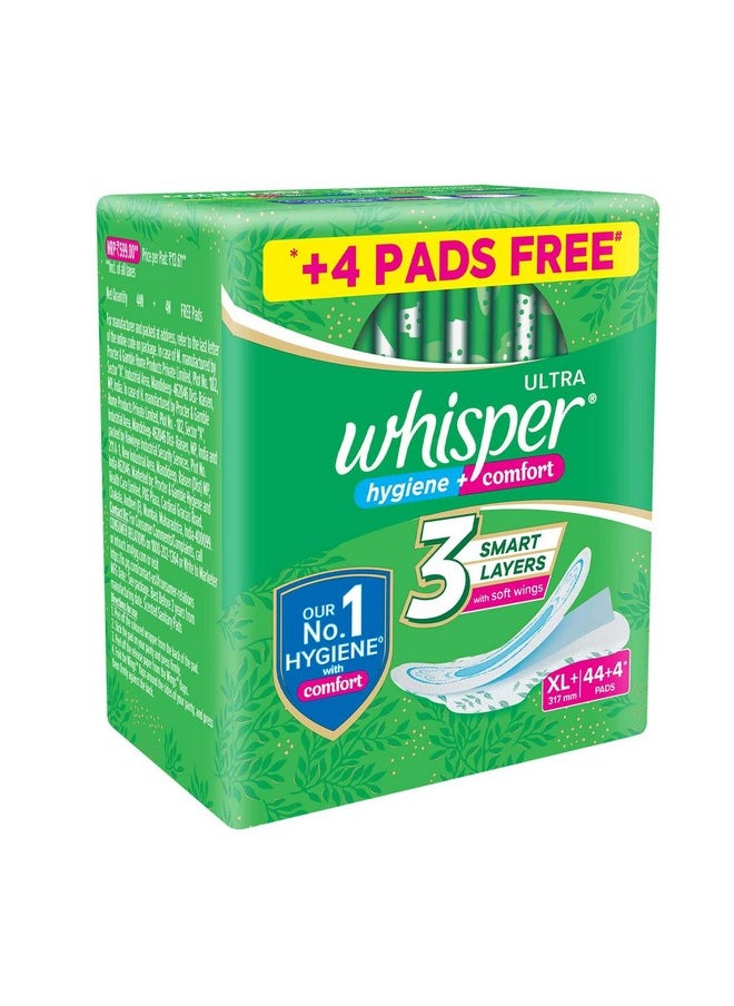 Whisper Ultra Hygiene+Comfort Sanitary Pads, 44+4 Xl+ Pads, For Heavy Flow, Long Lasting Protection, Locks Odour & Wetness, Dry Top Sheet, Disposable Wrapper  - Image 3