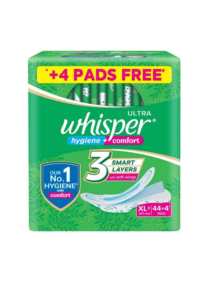 Whisper Ultra Hygiene+Comfort Sanitary Pads, 44+4 Xl+ Pads, For Heavy Flow, Long Lasting Protection, Locks Odour & Wetness, Dry Top Sheet, Disposable Wrapper  - Image 1