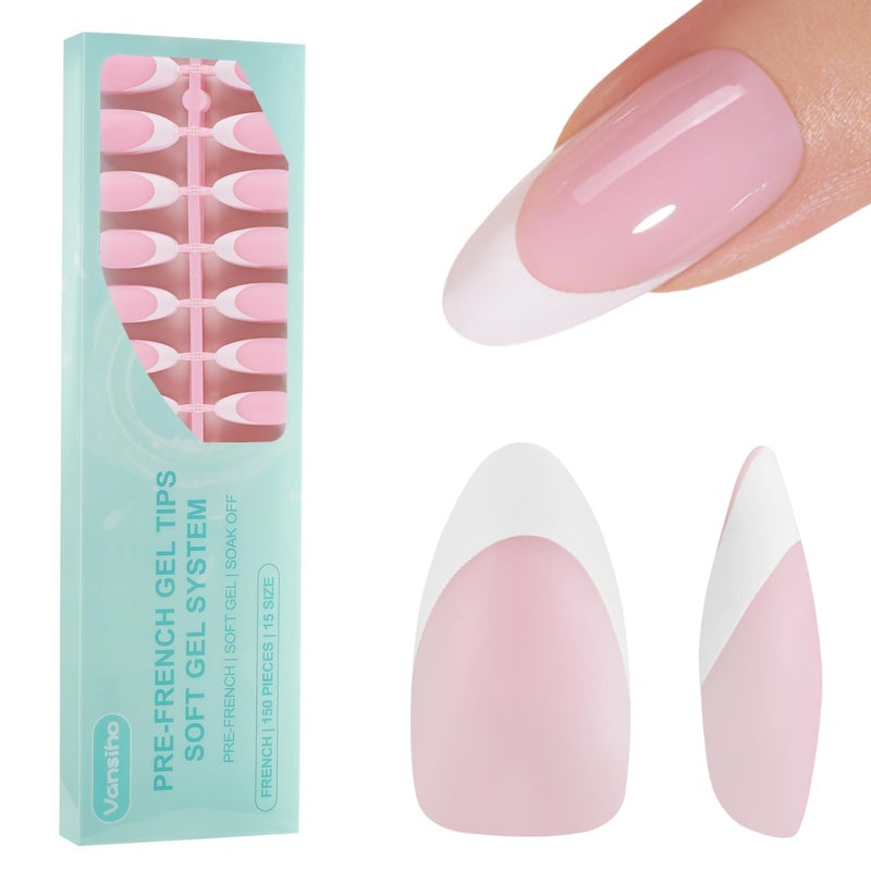 Vansiho French Gel Nail Tips, 150Pcs Medium Almond Gel Nail Tips, Pink Soft French Tips Press on Nails, Fake Nails for Nail Art DIY 15 Sizes - Image 1