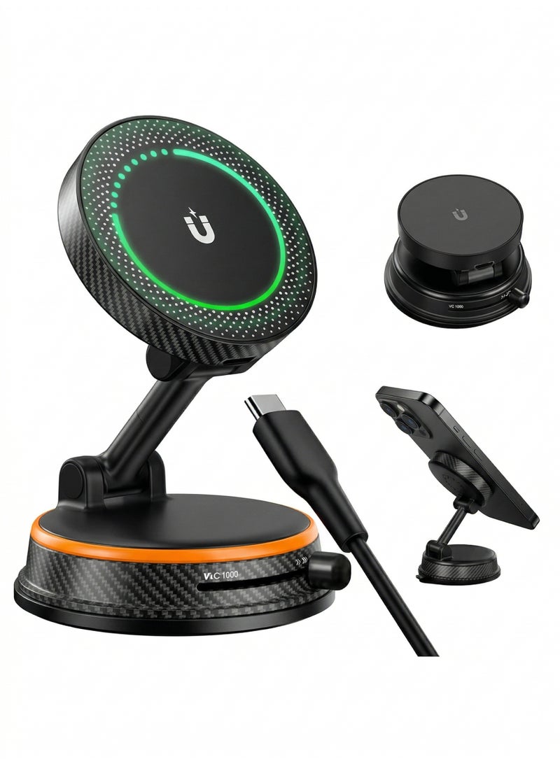 15W Magsafe Car Mount Charger,360° Wireless Car Phone Holder Charger Vent Dashboard Foldable Car Mount with Vacuum Suction Cup, Mini Car Stand with Magnetic Ring for all Smartphone - Image 1