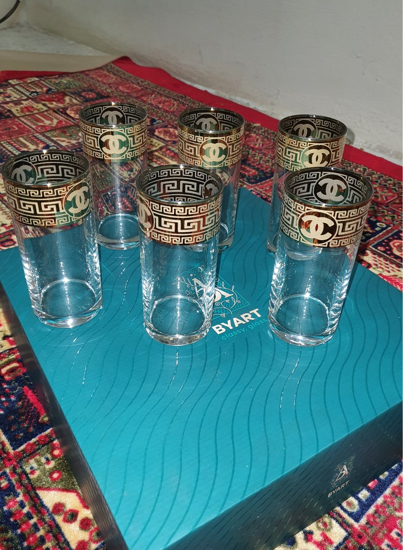 BYART A set of glasses for juices consisting of 6 pieces, made of glass with golden rims and graphics on the top and bottom, made in Turkey. - Image 1
