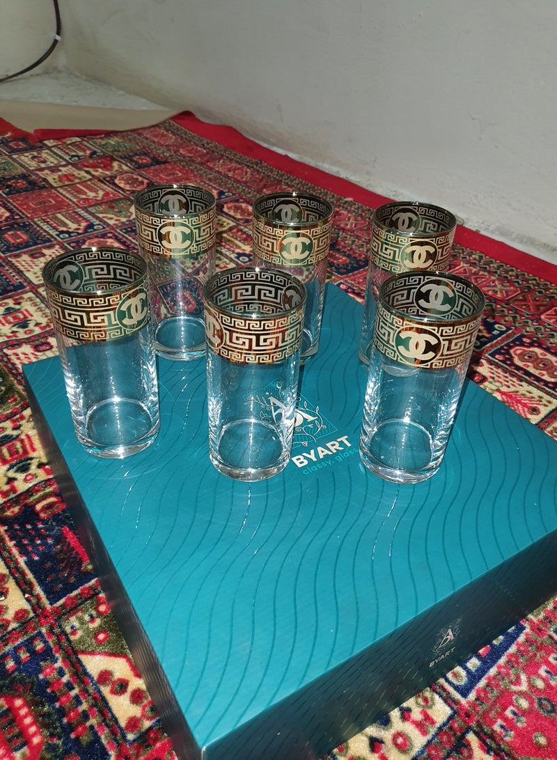 BYART A set of glasses for juices consisting of 6 pieces, made of glass with golden rims and graphics on the top and bottom, made in Turkey. - Image 2