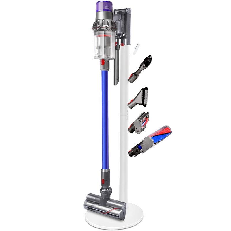 XIGOO Freestanding Vacuum Stand Holder Compatible with V15 Detect V11 V10 V8 V7 V6 Cordless Vacuum Cleaners Floor Docking Station Metal Organizer Bracket with 5 Hooks White