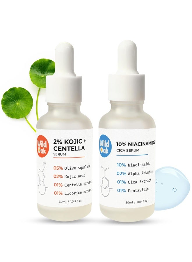 WILD OAK Hyperpigmentation Serum Combo: 2% Kojic/Centella + 10% Niacinamide/Alpha Arbutin | Dark Spot Corrector | Hydration | Even Skin Tone | Brightening Formula For All Skin Types | 30Ml Each - Image 1