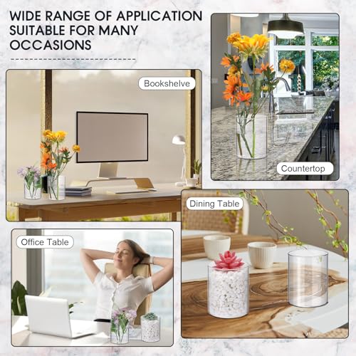 Vesici 20 Pcs Plastic Cylinder Vase Acrylic Cylinder Vase Bulk Small Clear Flower Container Hurricane Candle Holder Round Wide Container Centerpiece for Home Office Wedding Decorations (4 Inch) - Image 3