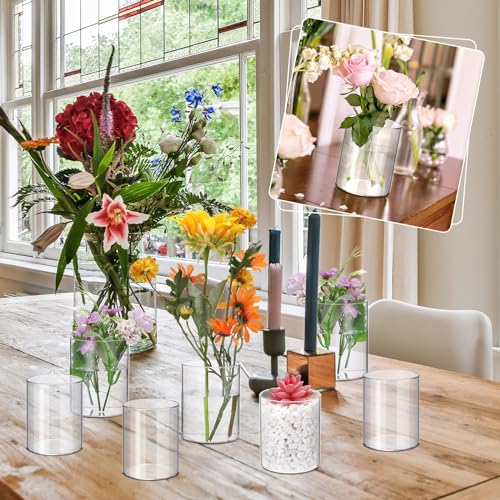 Vesici 20 Pcs Plastic Cylinder Vase Acrylic Cylinder Vase Bulk Small Clear Flower Container Hurricane Candle Holder Round Wide Container Centerpiece for Home Office Wedding Decorations (4 Inch) - Image 4